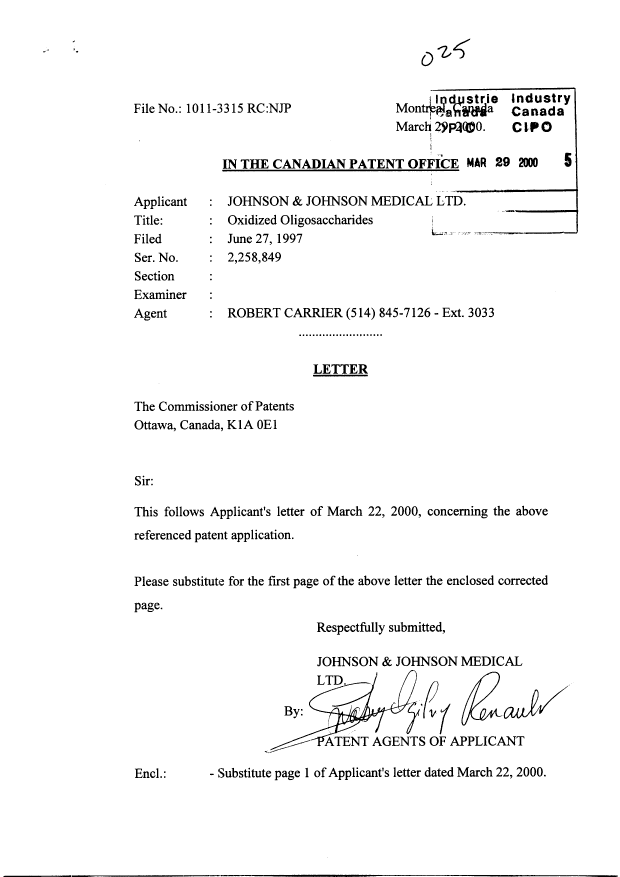 Document de brevet canadien 2258849. Cession 20000329. Image 1 de 2