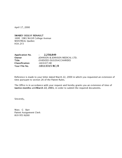 Document de brevet canadien 2258849. Correspondance 20000417. Image 1 de 1