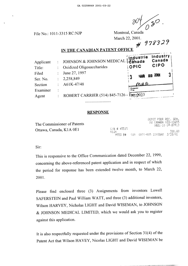 Document de brevet canadien 2258849. Cession 20010322. Image 1 de 9