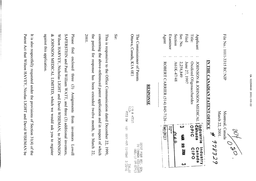 Canadian Patent Document 2258849. Correspondence 20010322. Image 1 of 3