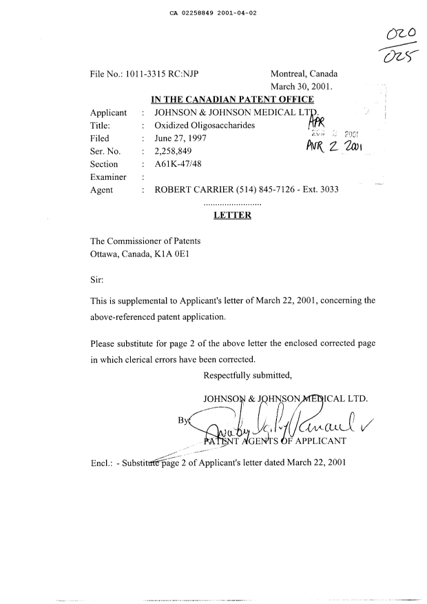 Document de brevet canadien 2258849. Correspondance 20010402. Image 1 de 2
