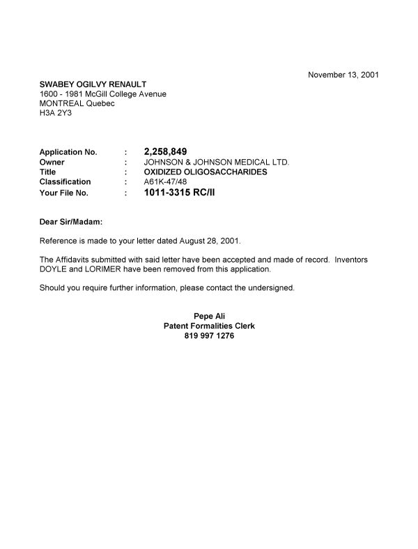 Document de brevet canadien 2258849. Correspondance 20011108. Image 1 de 1