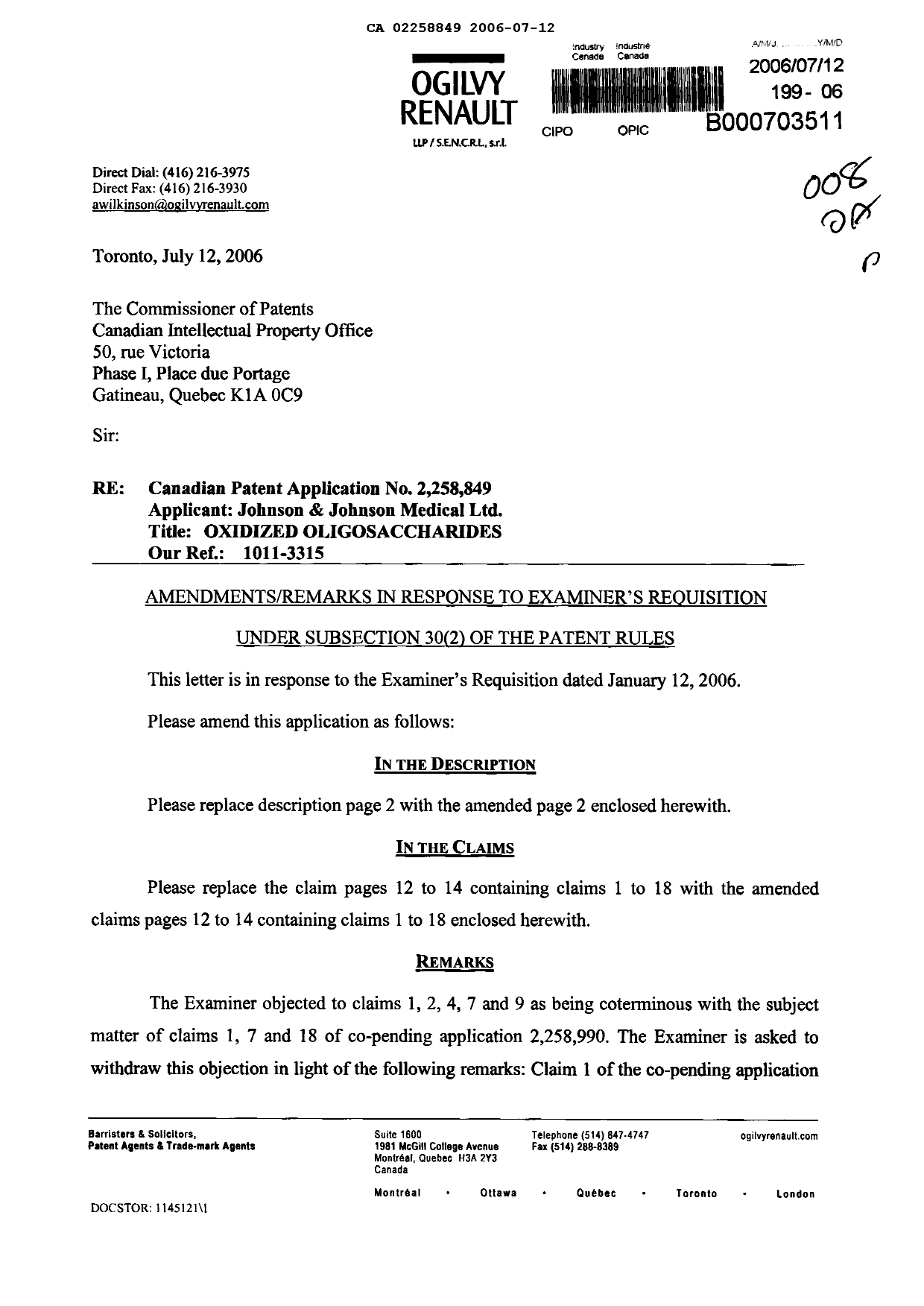 Canadian Patent Document 2258849. Prosecution-Amendment 20060712. Image 1 of 8