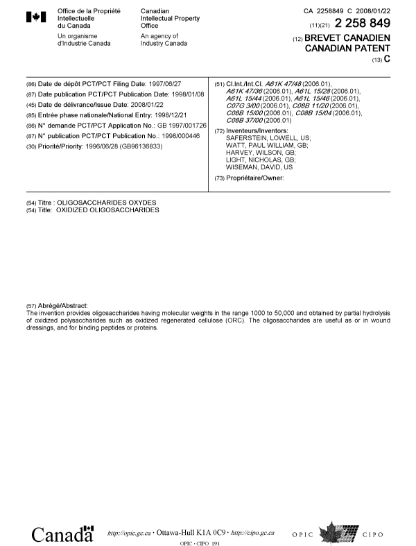 Document de brevet canadien 2258849. Page couverture 20071220. Image 1 de 2