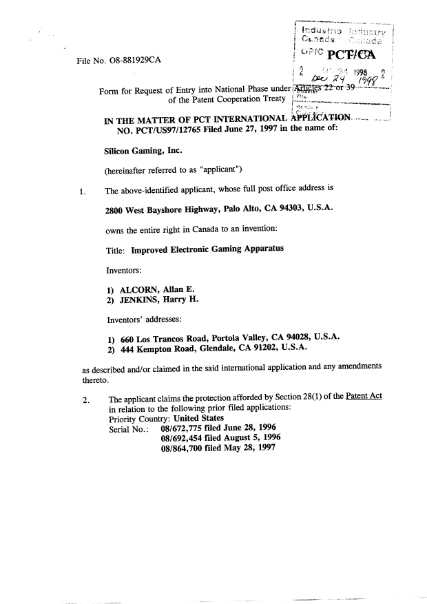 Canadian Patent Document 2259354. Assignment 19981224. Image 3 of 4