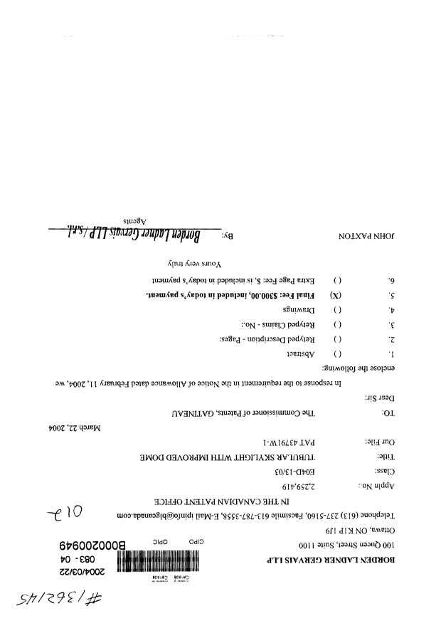 Canadian Patent Document 2259419. Correspondence 20040322. Image 1 of 1