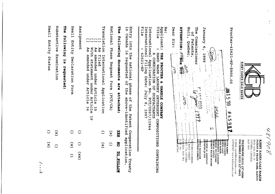 Document de brevet canadien 2259591. Cession 19990106. Image 1 de 4