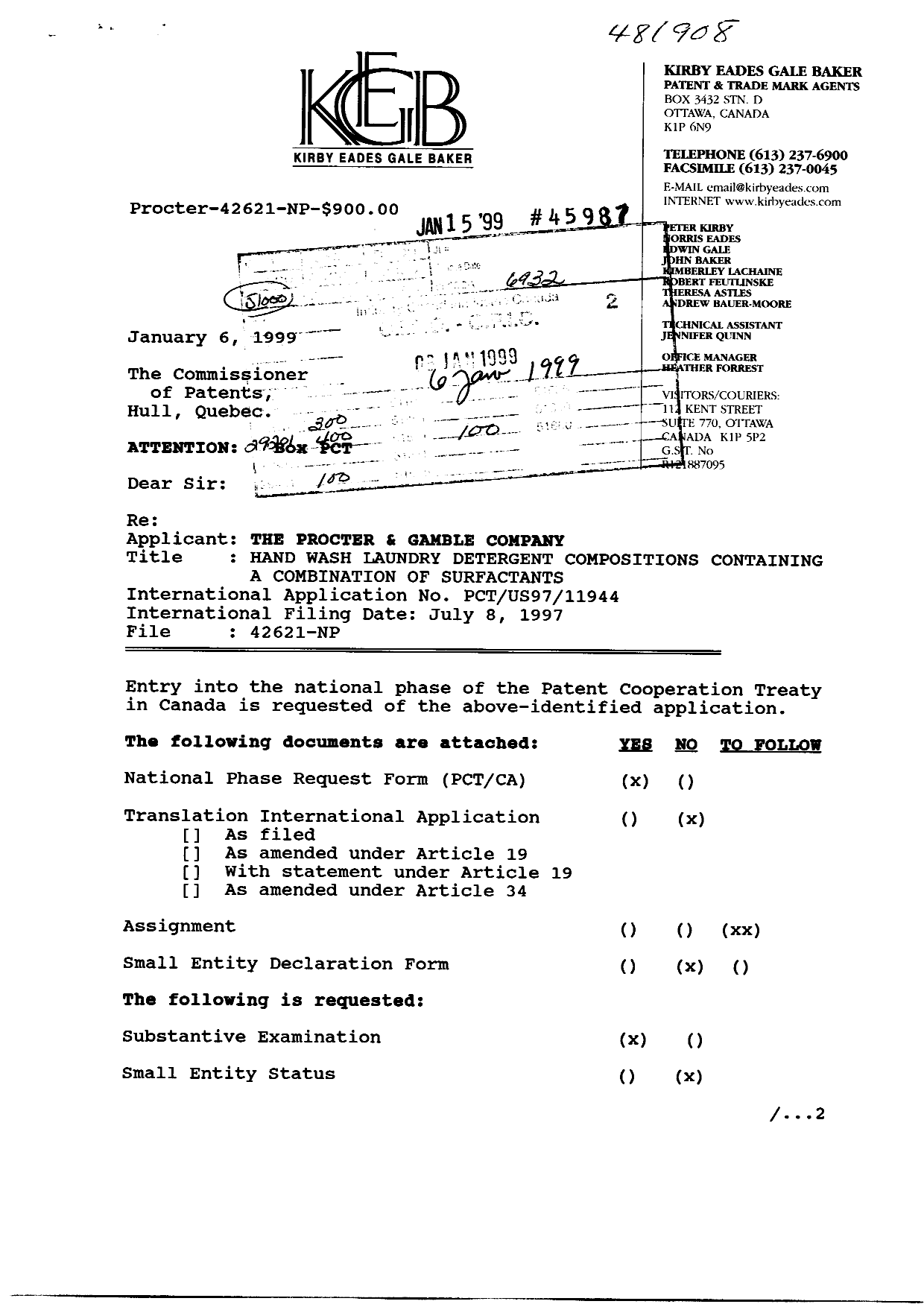 Document de brevet canadien 2259591. Cession 19990106. Image 1 de 4