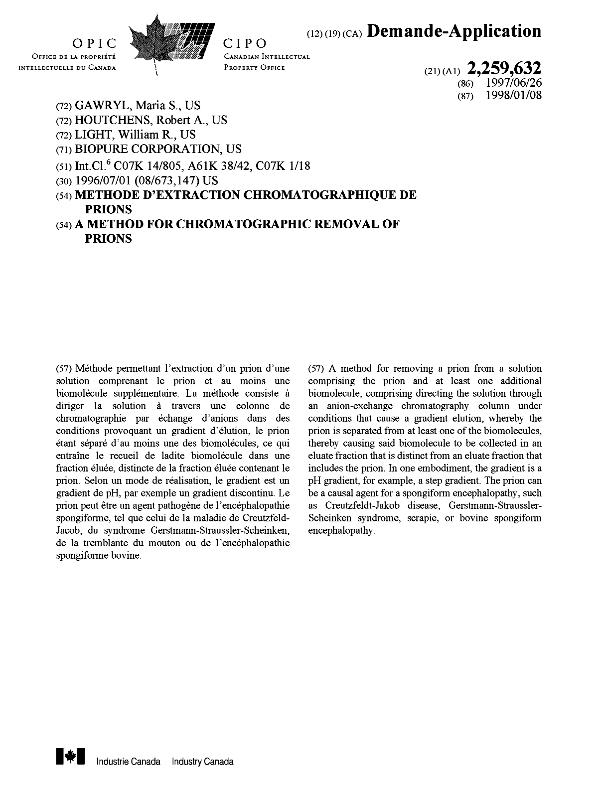 Document de brevet canadien 2259632. Page couverture 19990330. Image 1 de 1