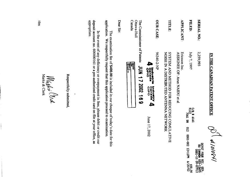 Document de brevet canadien 2259993. Poursuite-Amendment 20011217. Image 1 de 1