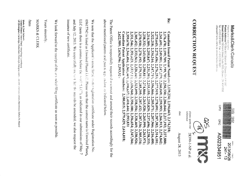 Canadian Patent Document 2259993. Assignment 20130828. Image 1 of 1