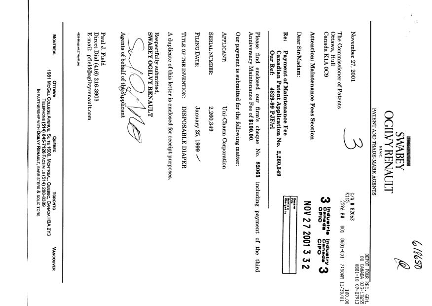 Document de brevet canadien 2260349. Taxes 20011127. Image 1 de 1