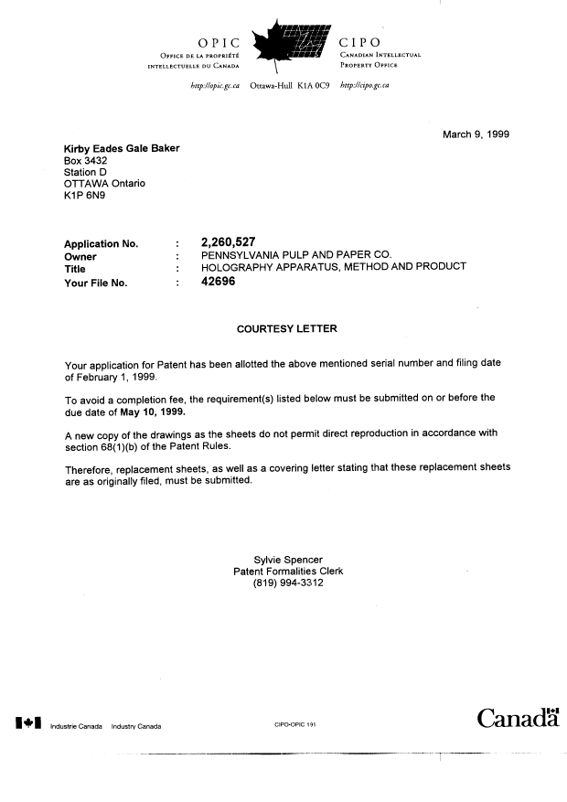 Document de brevet canadien 2260527. Correspondance 19990309. Image 1 de 1