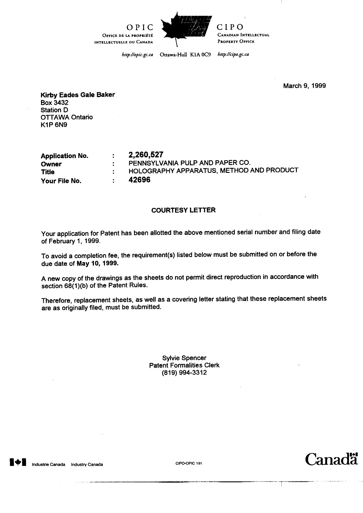 Canadian Patent Document 2260527. Correspondence 19990309. Image 1 of 1