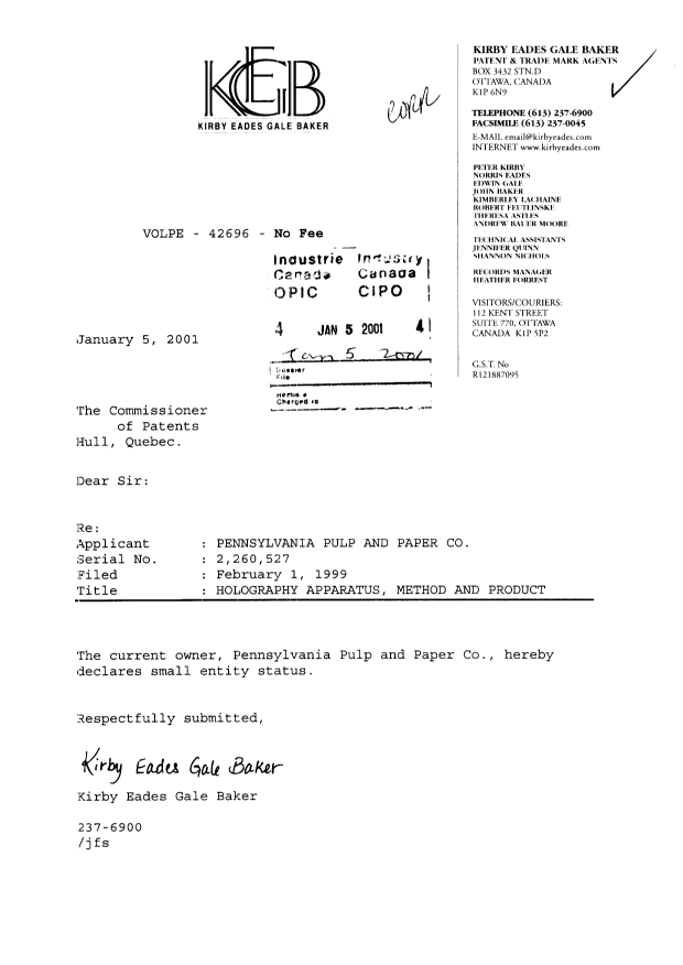Document de brevet canadien 2260527. Correspondance 20010105. Image 1 de 1