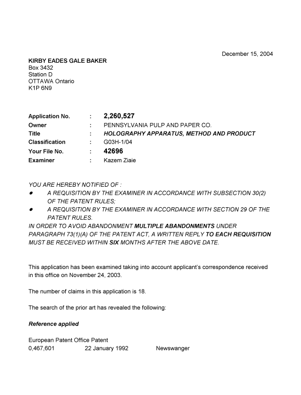 Canadian Patent Document 2260527. Prosecution-Amendment 20041215. Image 1 of 4
