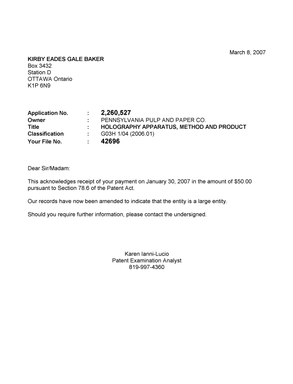 Document de brevet canadien 2260527. Correspondance 20070308. Image 1 de 1