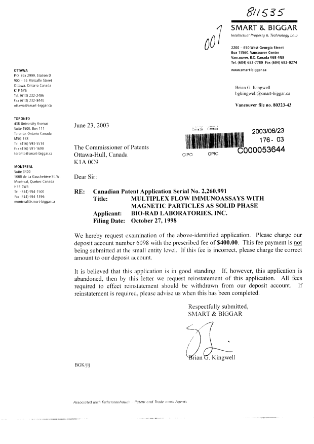 Canadian Patent Document 2260991. Prosecution-Amendment 20030623. Image 1 of 1