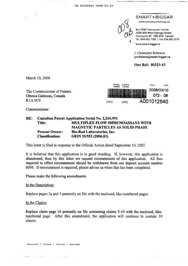 Canadian Patent Document 2260991. Prosecution-Amendment 20080310. Image 1 of 6