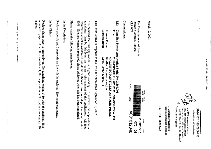 Document de brevet canadien 2260991. Poursuite-Amendment 20080310. Image 1 de 6