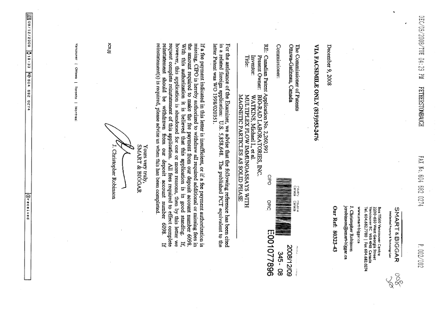 Canadian Patent Document 2260991. Prosecution-Amendment 20081209. Image 1 of 2
