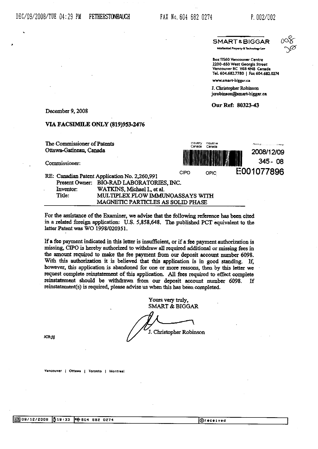 Document de brevet canadien 2260991. Poursuite-Amendment 20081209. Image 1 de 2