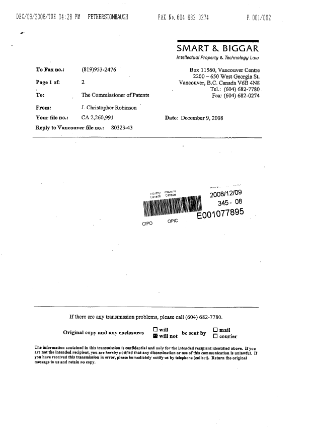 Document de brevet canadien 2260991. Poursuite-Amendment 20081209. Image 2 de 2