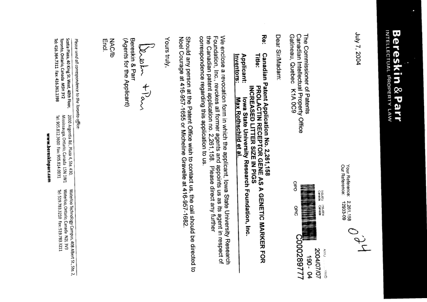 Document de brevet canadien 2261158. Correspondance 20040707. Image 1 de 2
