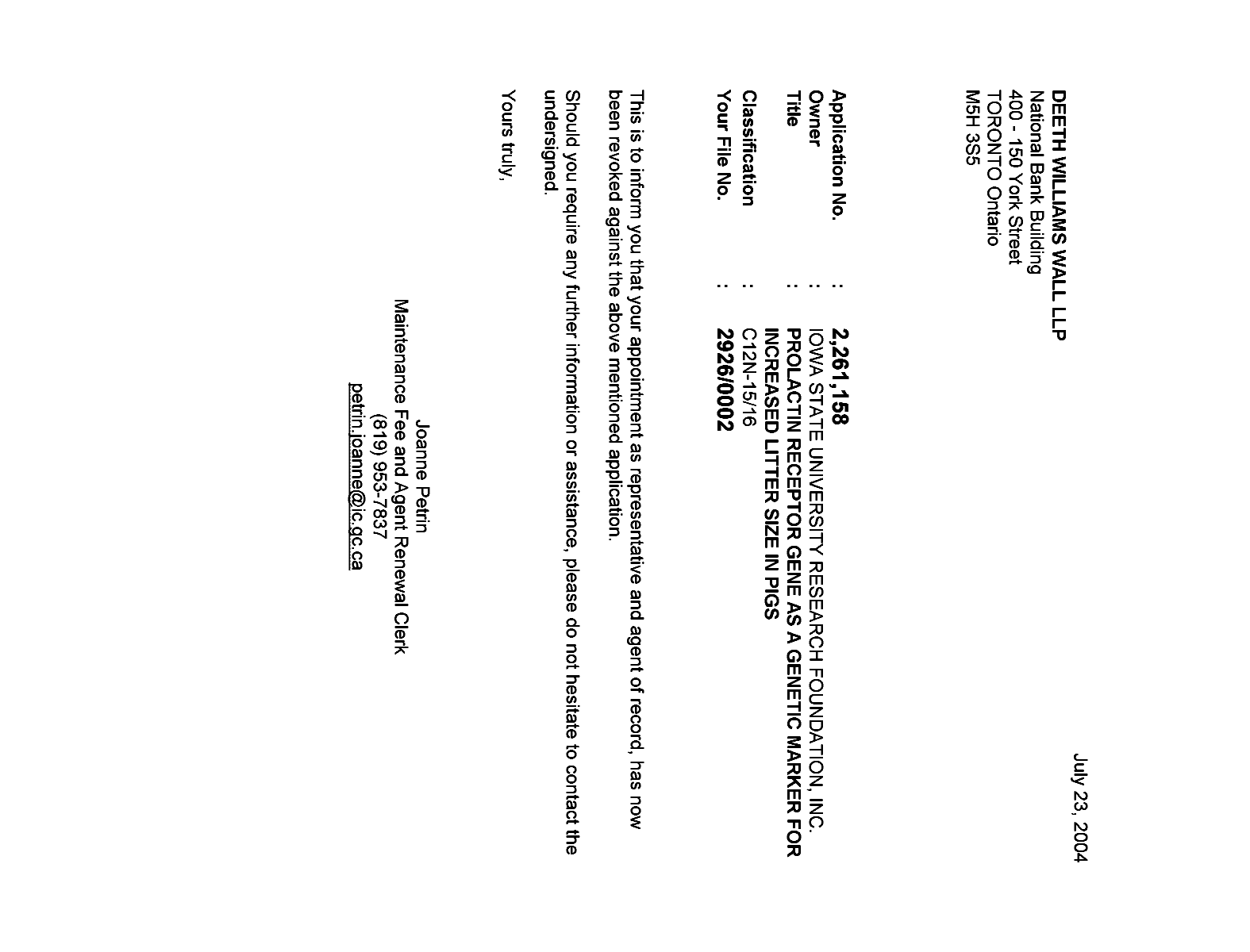 Canadian Patent Document 2261158. Correspondence 20040723. Image 1 of 1