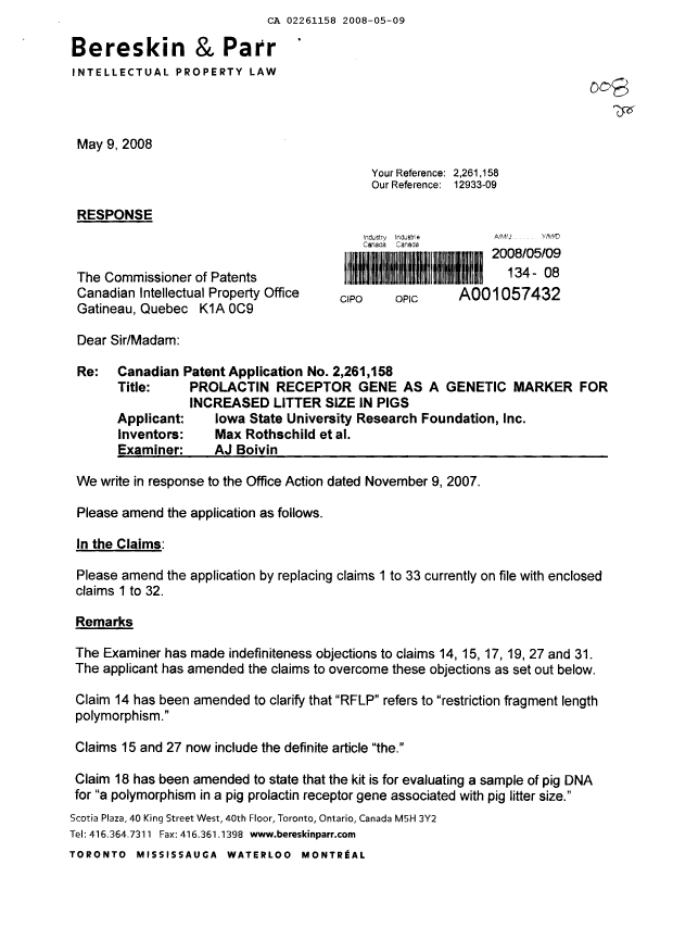 Document de brevet canadien 2261158. Poursuite-Amendment 20080509. Image 1 de 8