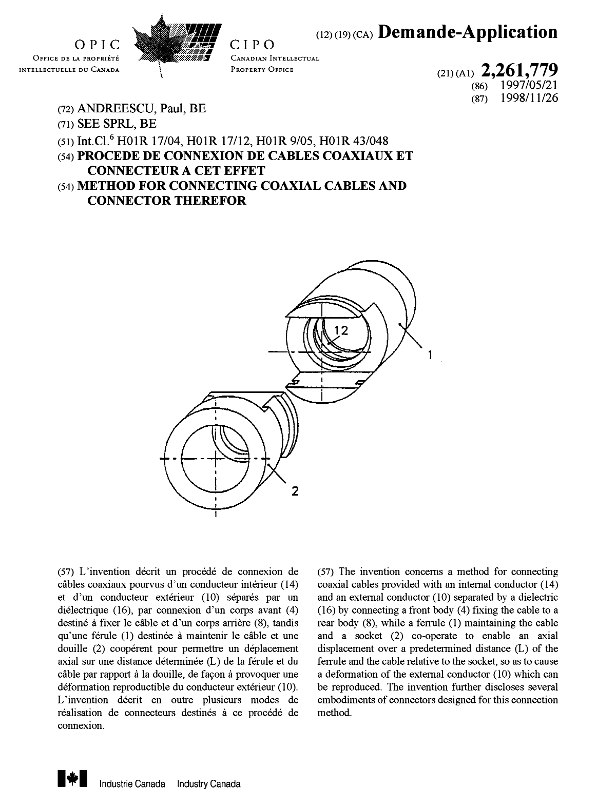 Canadian Patent Document 2261779. Cover Page 19990414. Image 1 of 1