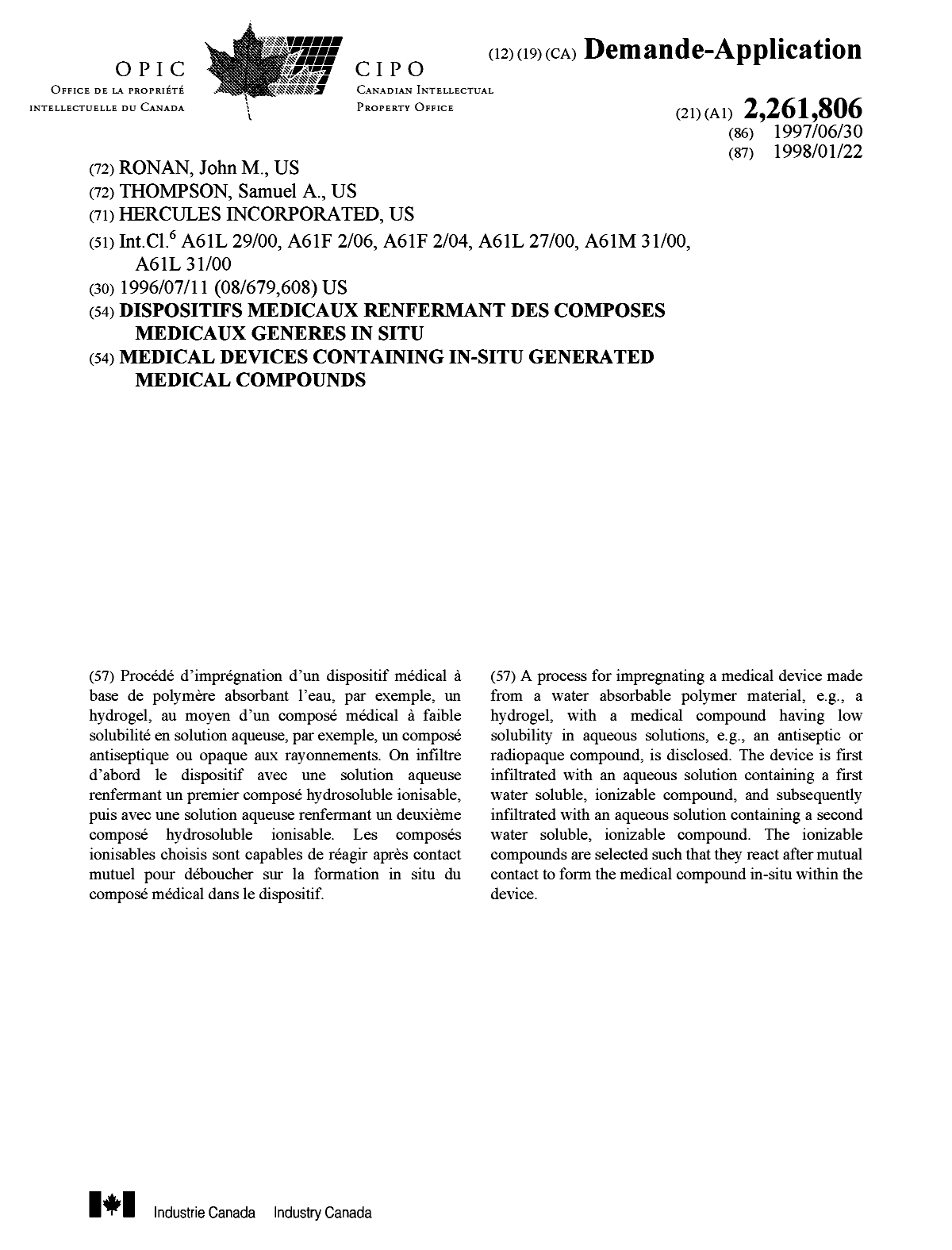 Document de brevet canadien 2261806. Page couverture 19990419. Image 1 de 1