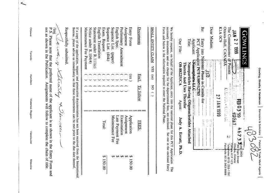 Document de brevet canadien 2262018. Cession 19990127. Image 1 de 3