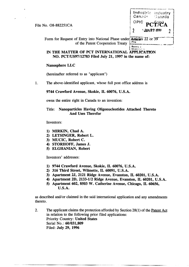 Document de brevet canadien 2262018. Cession 19990127. Image 2 de 3