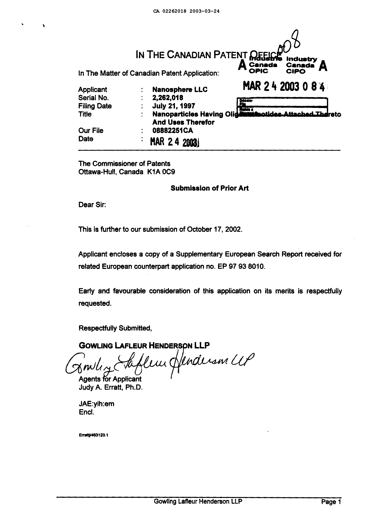 Document de brevet canadien 2262018. Poursuite-Amendment 20030324. Image 1 de 1