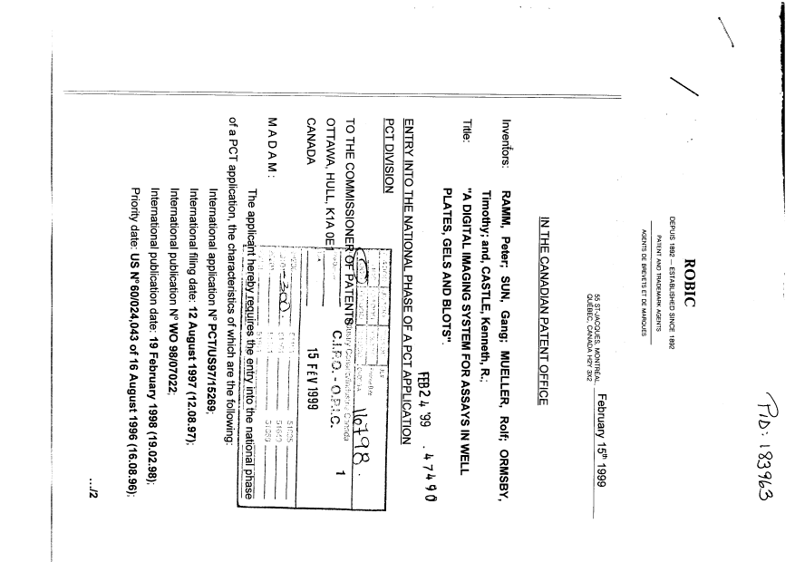 Document de brevet canadien 2263226. Cession 19990215. Image 1 de 7