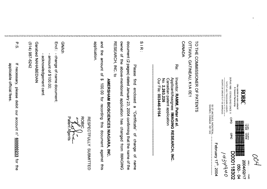 Document de brevet canadien 2263226. Cession 20040217. Image 1 de 3