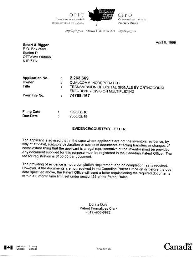 Document de brevet canadien 2263669. Correspondance 19990406. Image 1 de 1