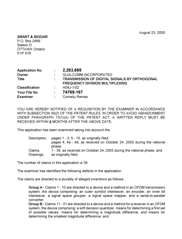 Document de brevet canadien 2263669. Poursuite-Amendment 20050823. Image 1 de 4