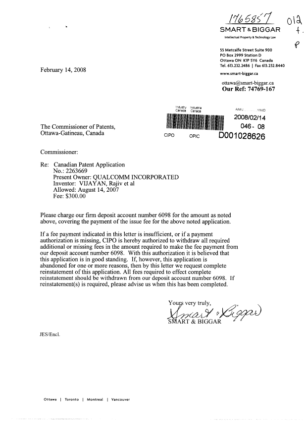 Document de brevet canadien 2263669. Correspondance 20080214. Image 1 de 1