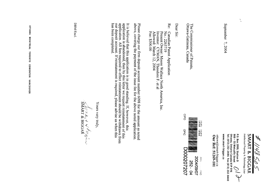 Document de brevet canadien 2263719. Correspondance 20040907. Image 1 de 1