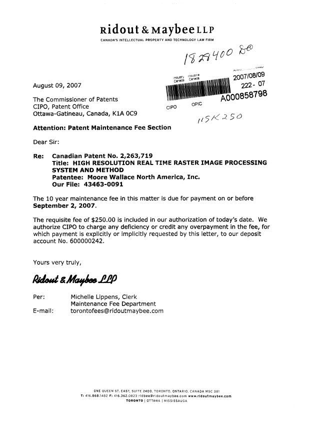 Canadian Patent Document 2263719. Fees 20070809. Image 1 of 1