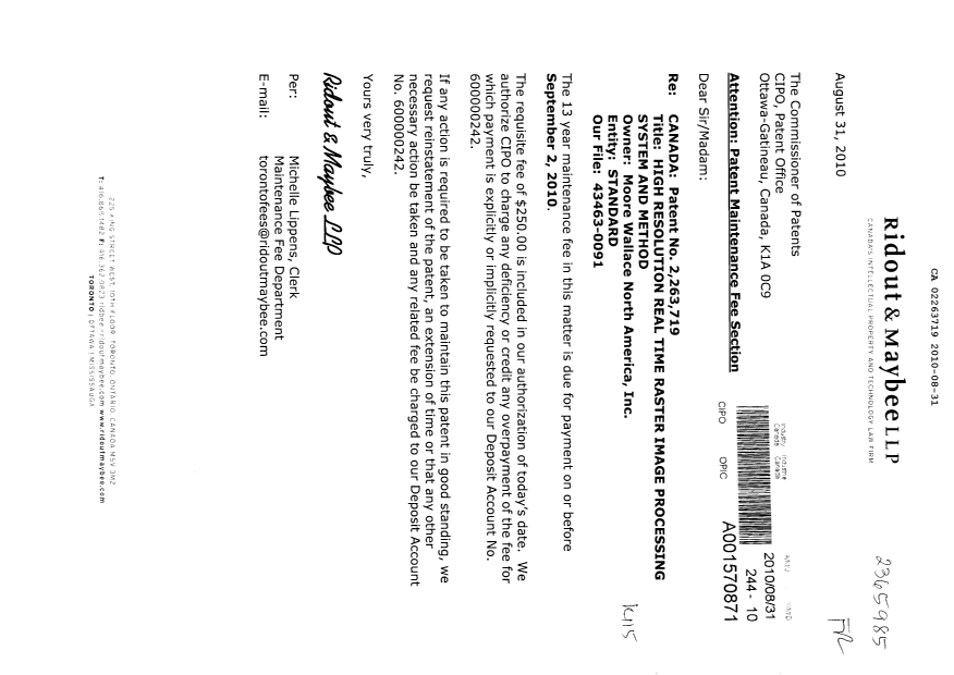 Document de brevet canadien 2263719. Taxes 20100831. Image 1 de 1