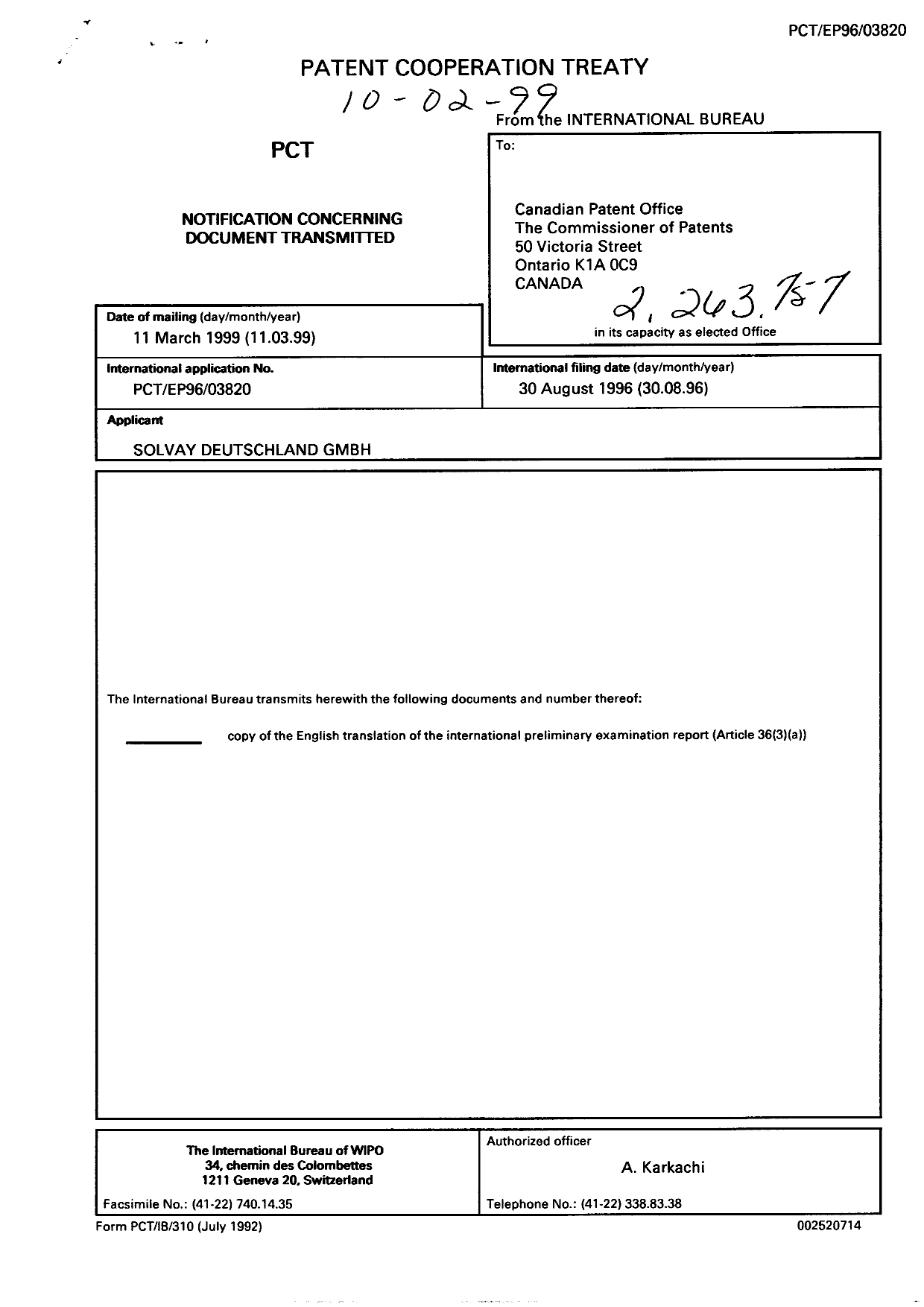 Document de brevet canadien 2263757. PCT 19990311. Image 1 de 5