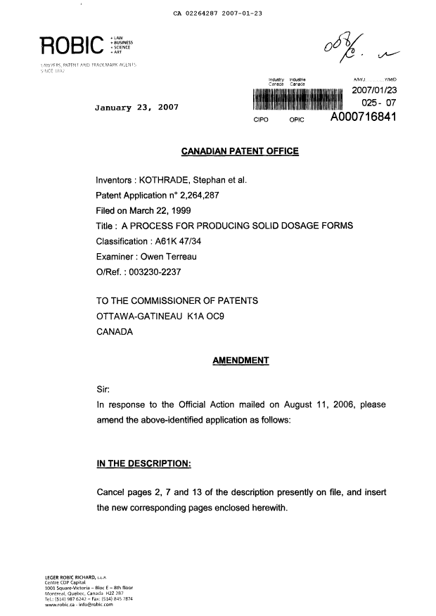 Canadian Patent Document 2264287. Prosecution-Amendment 20070123. Image 1 of 15