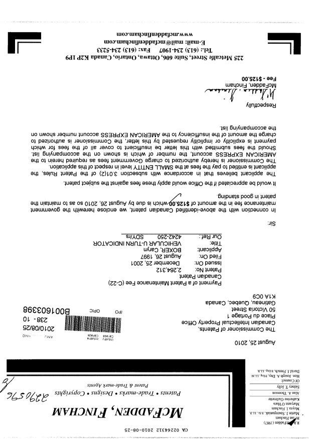 Canadian Patent Document 2264312. Fees 20100825. Image 1 of 1