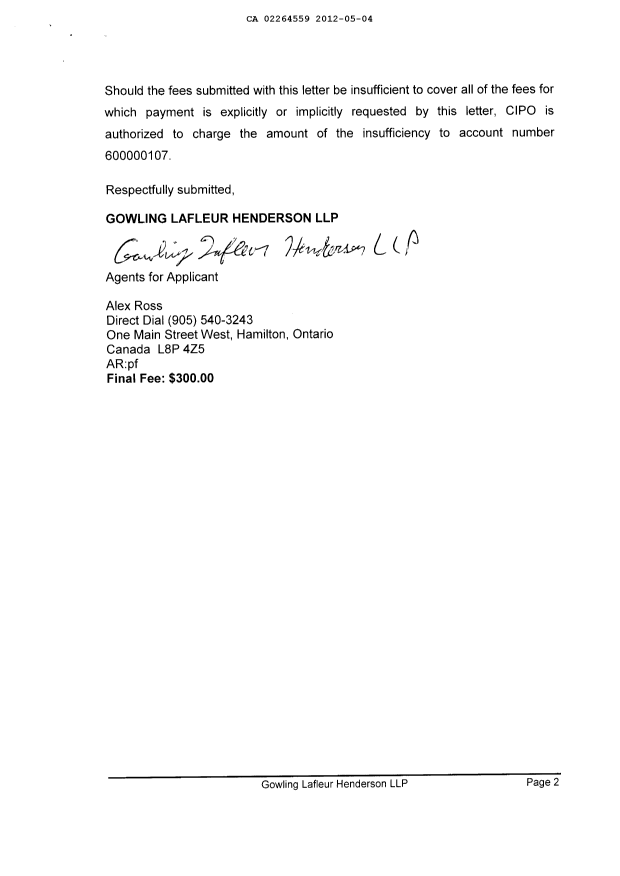 Document de brevet canadien 2264559. Correspondance 20120504. Image 2 de 2