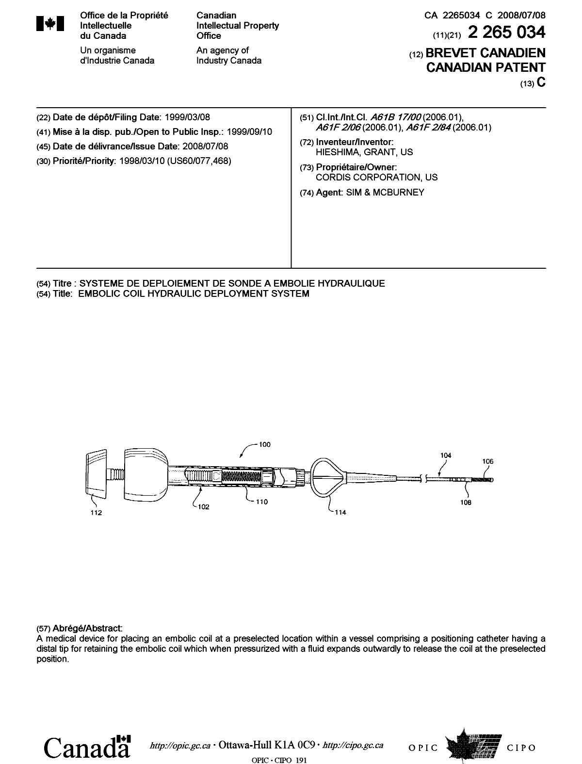 Document de brevet canadien 2265034. Page couverture 20080605. Image 1 de 1