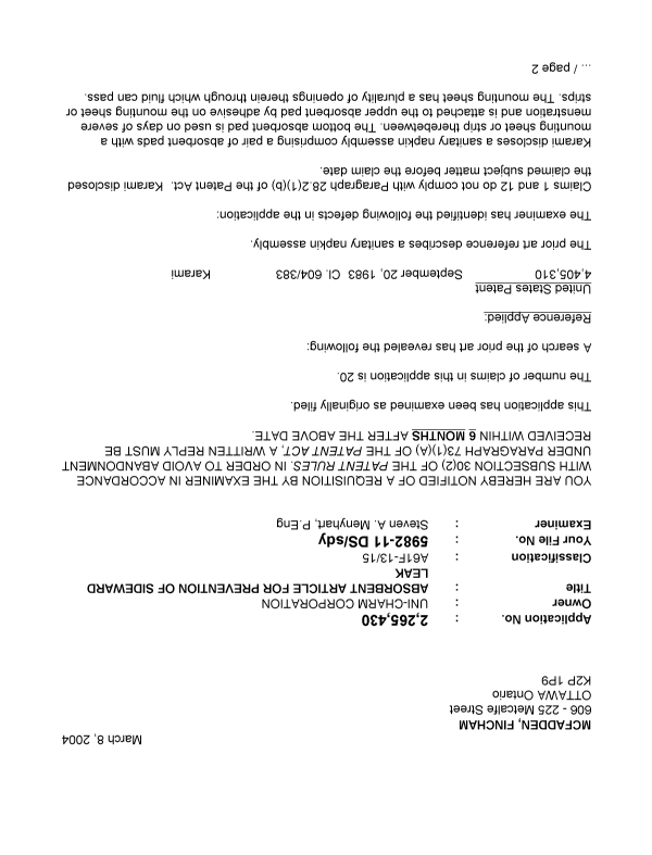 Canadian Patent Document 2265430. Prosecution-Amendment 20040308. Image 1 of 3