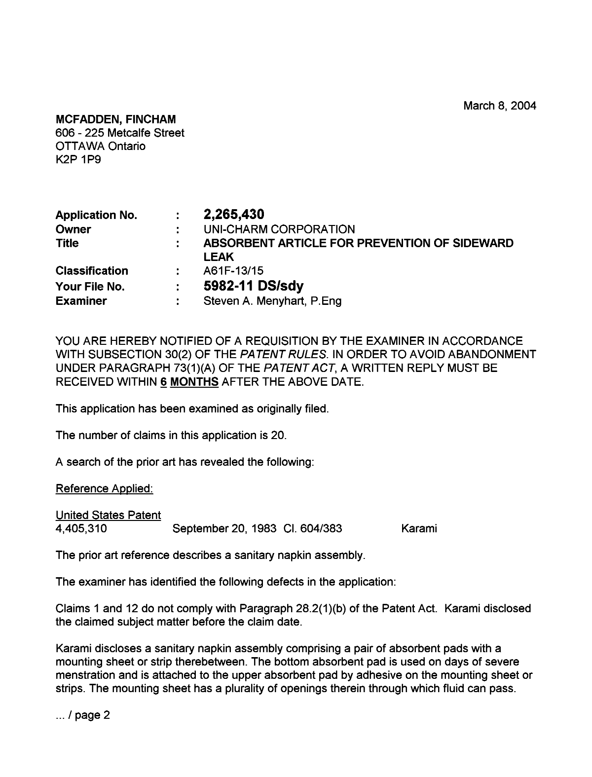 Document de brevet canadien 2265430. Poursuite-Amendment 20040308. Image 1 de 3